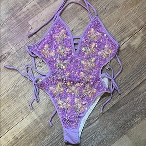 IHeart Raves Lavender Floral Beaded Swimsuit